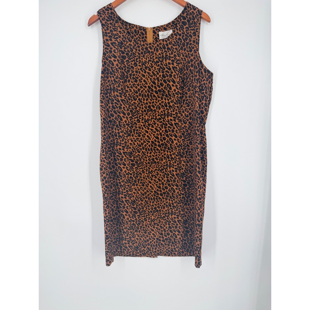 Kathie Lee Women Dress Size 16 Brown Animal Print Vintage Sheath Career